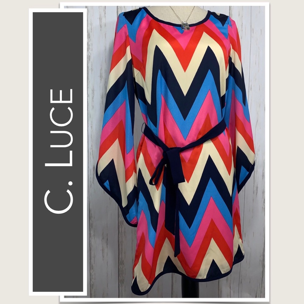 C.Luce Midi-Dress Long-sleeve Multi-Chevron Vibrant Colors NWOT